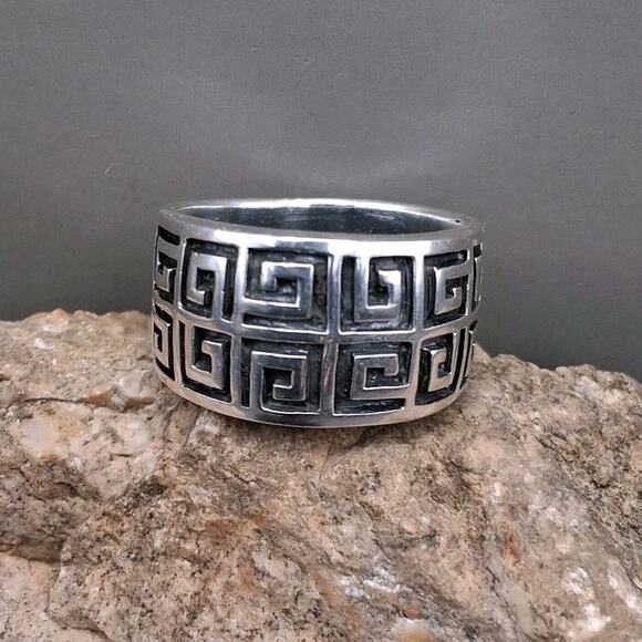 Sterling Silver Greek Key Ring Size 10 Double Row Thick Band Men\'s or Women\'s